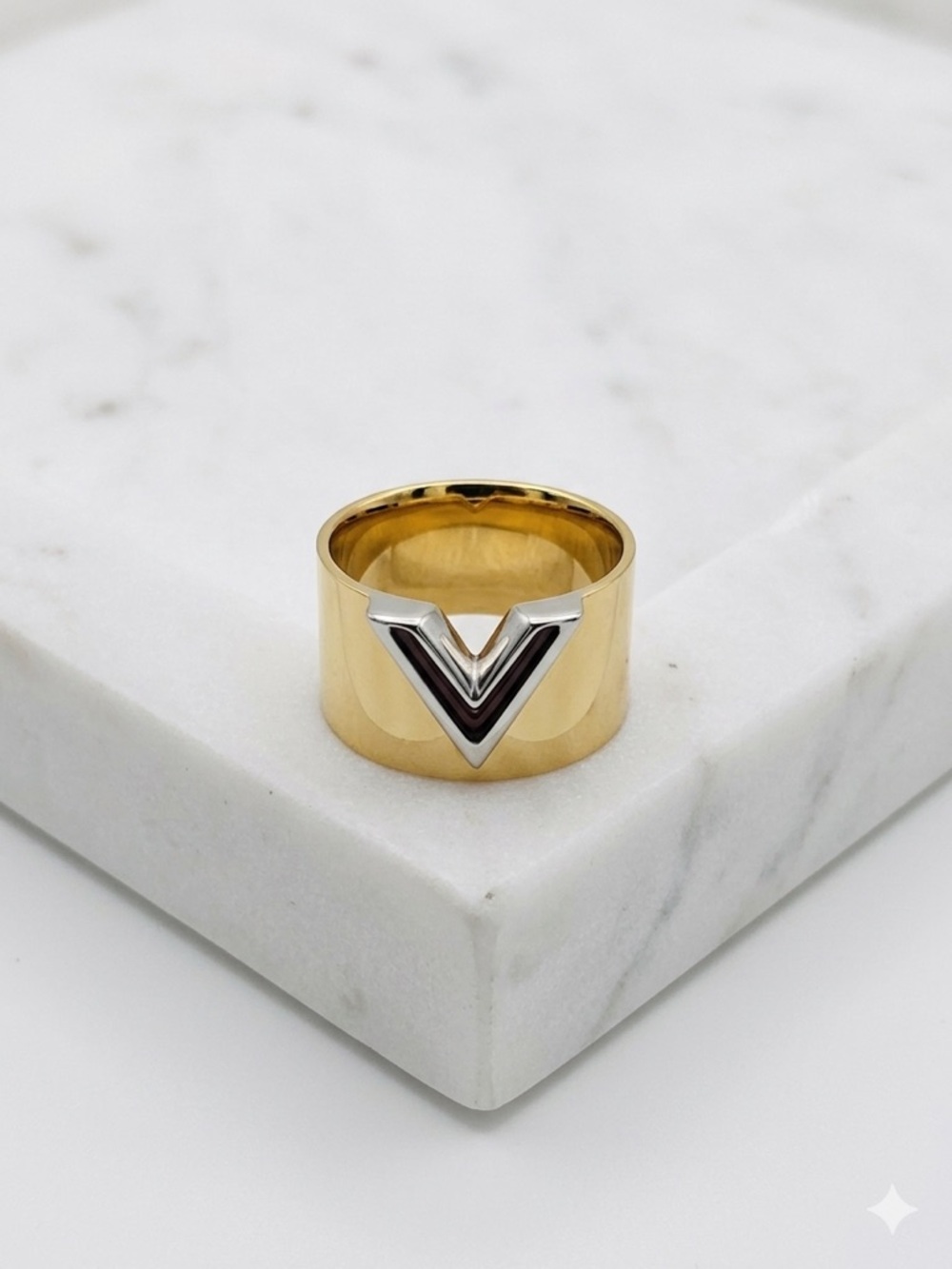 Gold and Silver V-Accent Wide Band Ring
